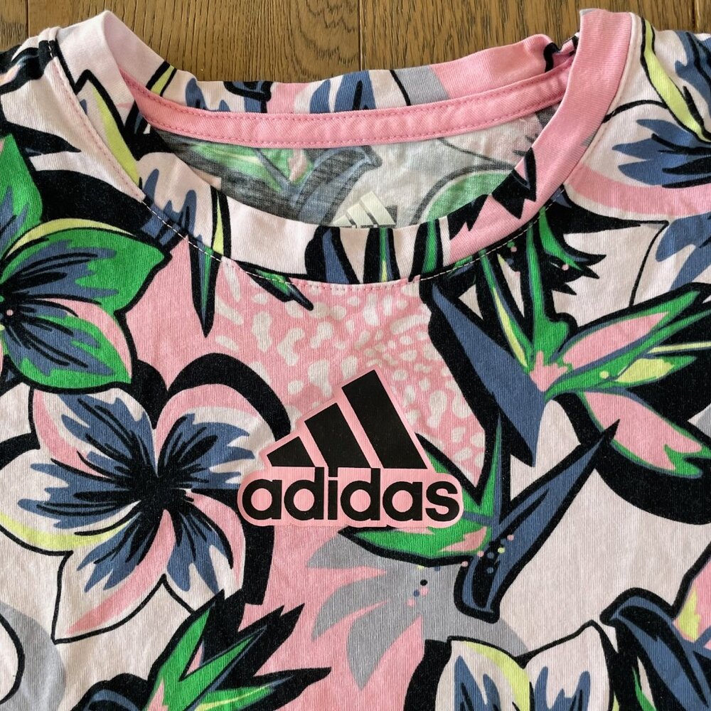 Adidas Girls' Floral Print AOP Cross-Over Short Sleeve Tee - Picture 2 of 4